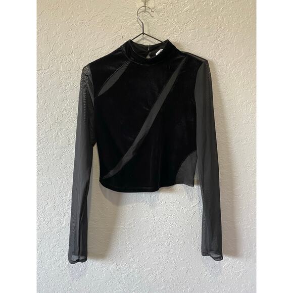 Bershka Mesh and Velvet Cropped Long Sleeve Top Black Sz L Party Glam Club - Picture 1 of 8